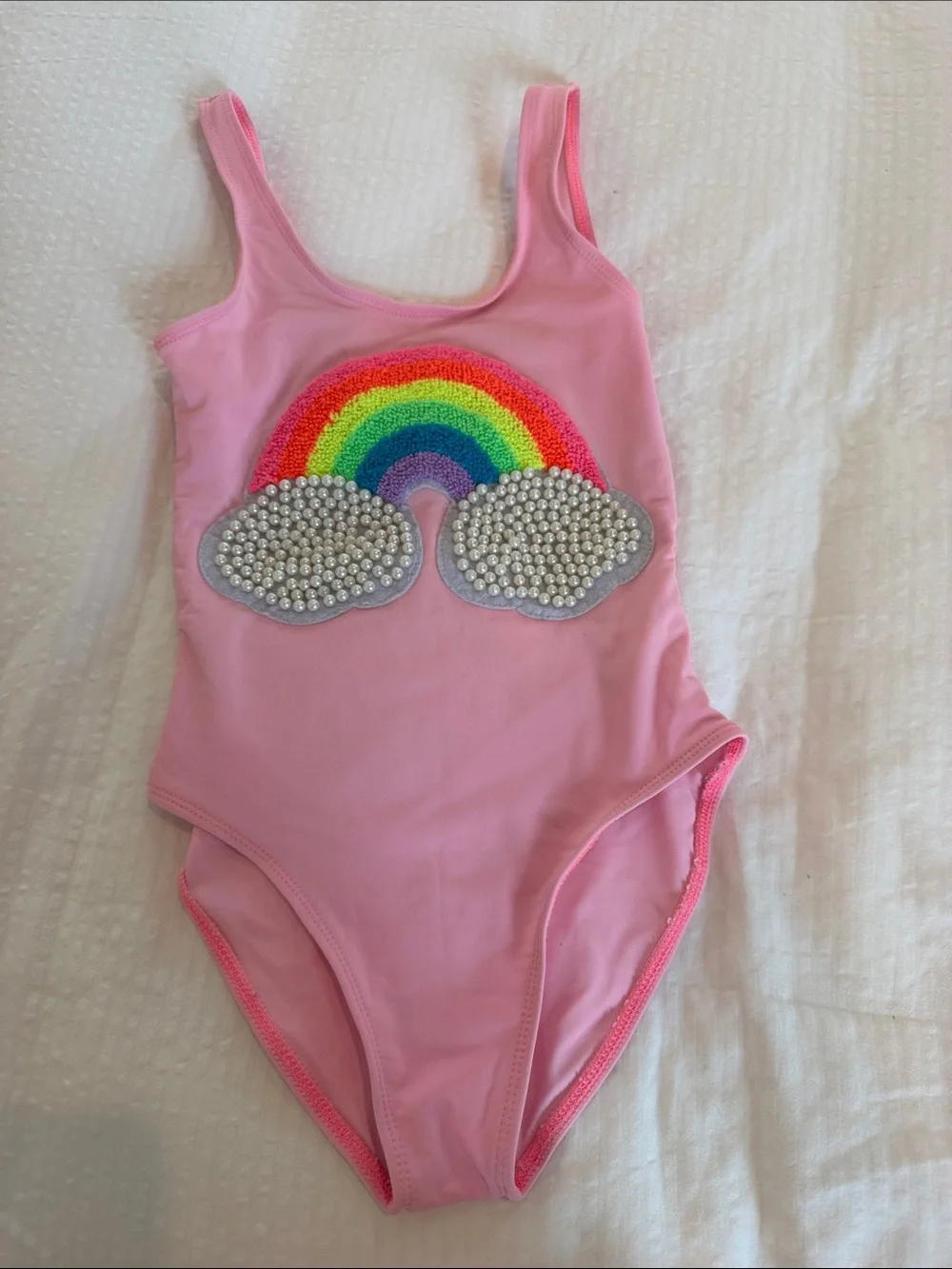Girls' Pink Rainbow One-Piece Swimsuit with Pearl Clouds